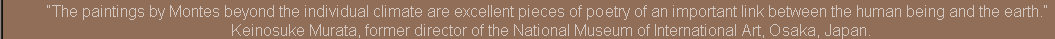“The paintings by Montes beyond the individual climate are excellent pieces of poetry of an important link between the human being and the earth.”
Keinosuke Murata, former director of the National Museum of International Art, Osaka, Japan.