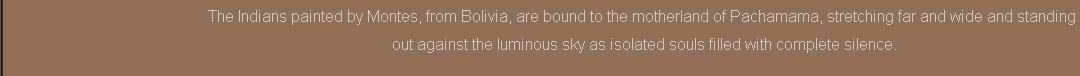 The Indians painted by Montes, from Bolivia, are bound to the motherland of Pachamama, stretching far and wide and standing
 out against the luminous sky as isolated souls filled with complete silence.
